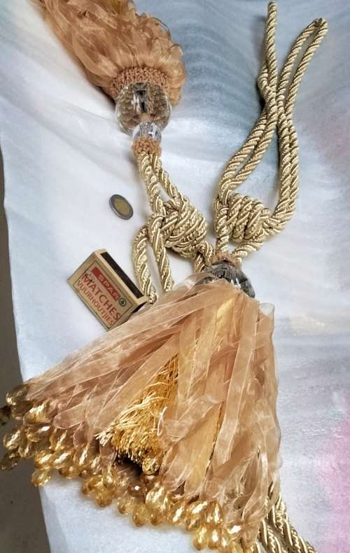 2 CURTAIN TIE BACKs Gilt rope 2 crystals multiple dangle ribbons cotton End beads