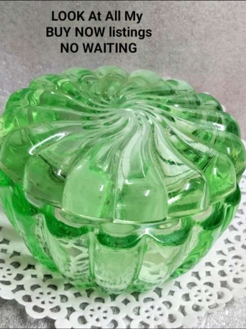 Art Deco Vaseline Swirl Rib Uranium Glass bowl +lid