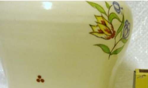 Vase ceramic POOLE No. 969-ENGLAND CREAM DECORATED WITH FLOWERS - YELLOW STRIPE AND TOP RIM SPOTS