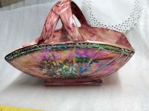 Astoria Royal Bradwell Arthur Woods Pink Lustre Porcelain Basket Vase or Bowl handle crack LOOK