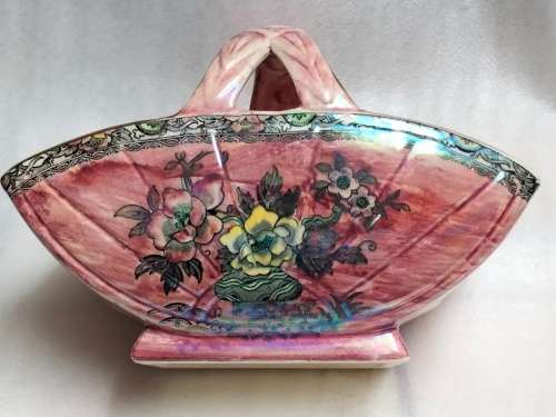 Astoria Royal Bradwell Arthur Woods Pink Lustre Porcelain Basket Vase or Bowl handle crack LOOK