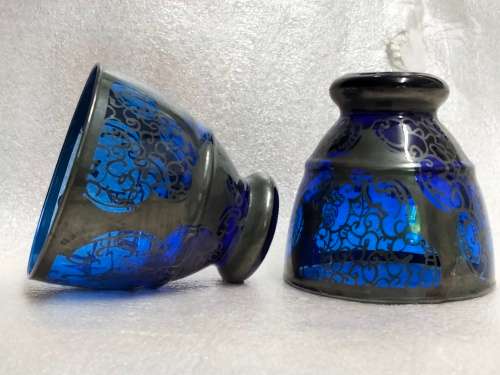 2 glasses vintage Tea glass Moroccan Cobolt silver overlay  Look At My BUY NOW Listing-NO WAITING