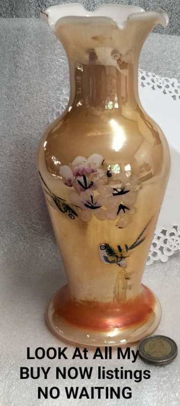 VASE - Opaline Peach Lustre White cased frilled edges Prunis flowers bird - Hand blown