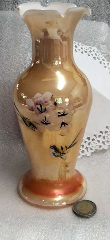 VASE - Opaline Peach Lustre White cased frilled edges Prunis flowers bird - Hand blown