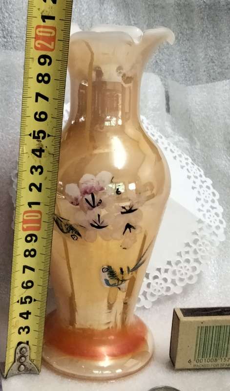 VASE - Opaline Peach Lustre White cased frilled edges Prunis flowers bird - Hand blown