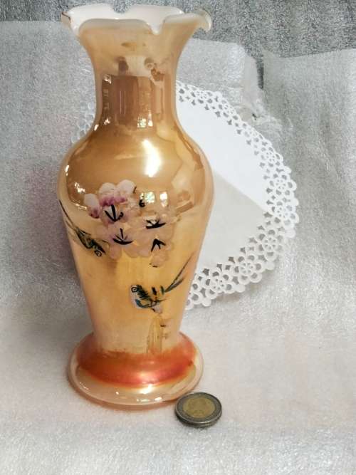 VASE - Opaline Peach Lustre White cased frilled edges Prunis flowers bird - Hand blown