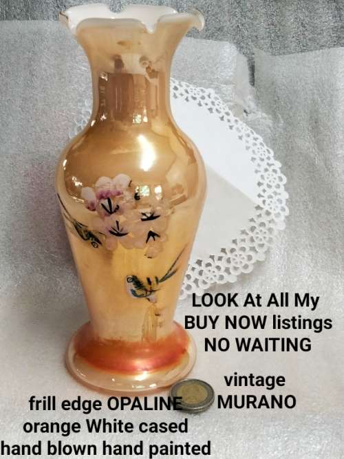 VASE - Opaline Peach Lustre White cased frilled edges Prunis flowers bird - Hand blown