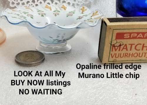 Opaline RARE Vase/bowl  frilled white cased glass clear base Look at my Buy Now listings No Waiting