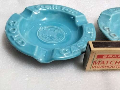 Lucia Ware ceramic Collectible 1 Aqua Ashtrays script - Call for Cold Castle