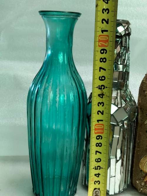 VASE ribbed Glass China + mosaic mirror tiles +Pottery coated shell hand done