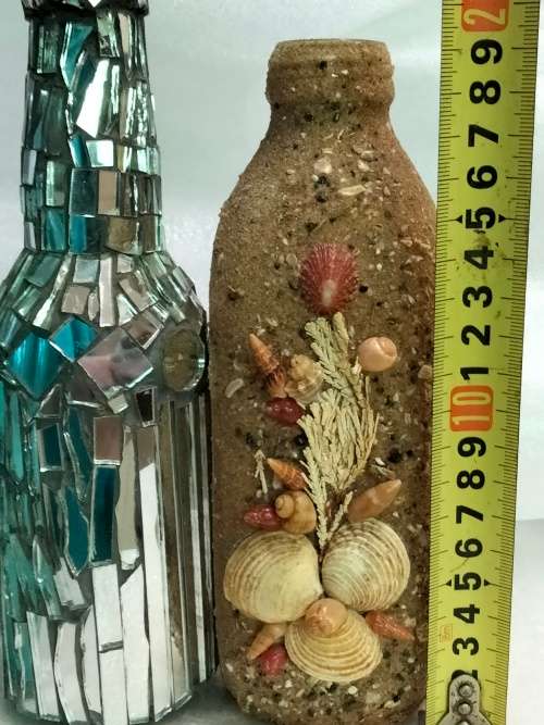 VASE ribbed Glass China + mosaic mirror tiles +Pottery coated shell hand done