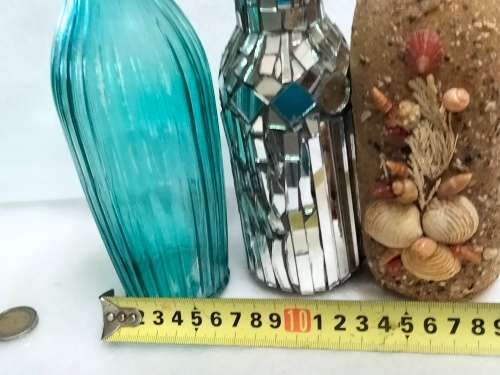 VASE ribbed Glass China + mosaic mirror tiles +Pottery coated shell hand done