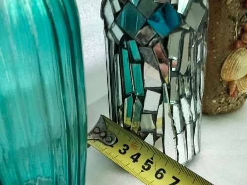 VASE ribbed Glass China + mosaic mirror tiles +Pottery coated shell hand done