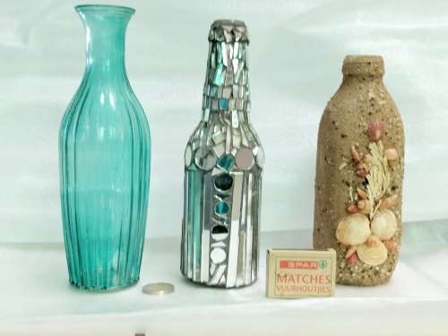 VASE ribbed Glass China + mosaic mirror tiles +Pottery coated shell hand done