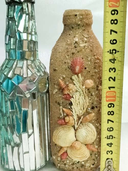 VASE ribbed Glass China + mosaic mirror tiles +Pottery coated shell hand done