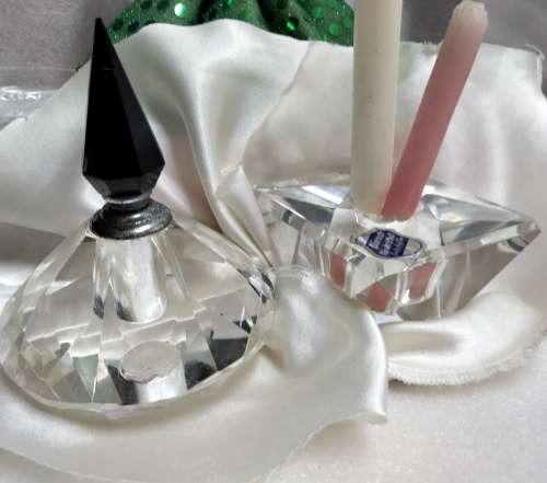Art Deco bottle-Crystal Cut Glass Black finial dauber+Candle holder