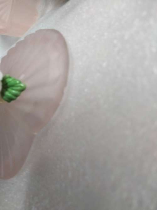 Pretty Pink Trinket box +lid ribbed Pink Satin Frosted glass has porcelain rose on top