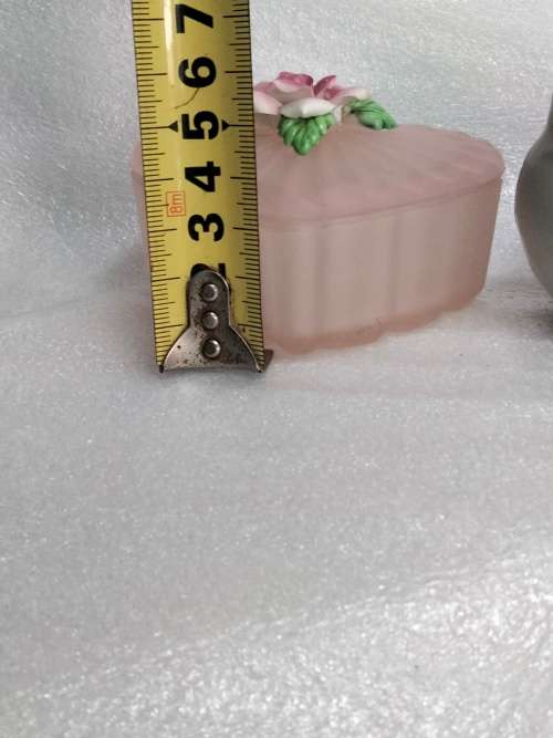 Pretty Pink Trinket box +lid ribbed Pink Satin Frosted glass has porcelain rose on top