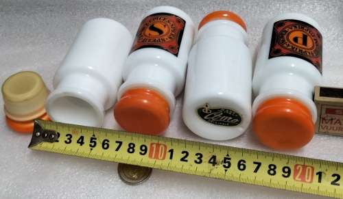4 Milk glass Condiment bottles Plastic tops ` Como ` Original made in Italy