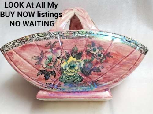 Astoria Royal Bradwell Arthur Woods Pink Lustre Porcelain Basket Vase or Bowl handle crack LOOK