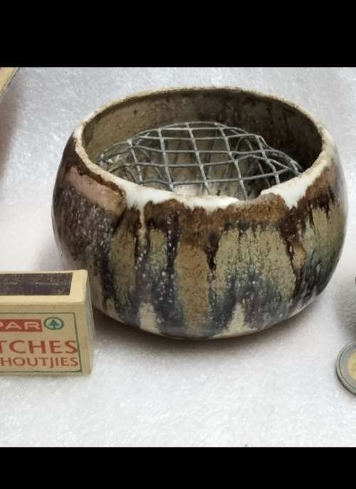VASE- pottery Drip glaze beautiful wire to hold flowers LOOK At All My BUY NOW listings NO WAITING