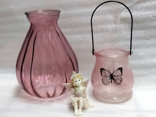 3  *VASE1 ribbed Glass China Pink +1Glass holder has metal handle butterfly on1ceramic small Fairy