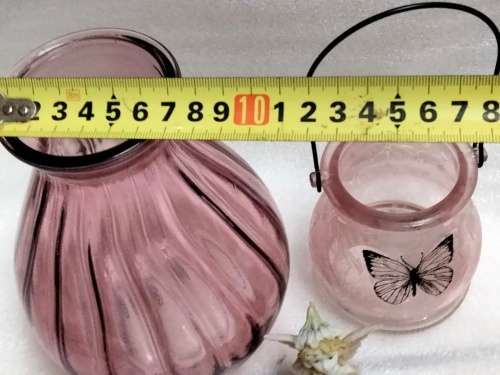 3  *VASE1 ribbed Glass China Pink +1Glass holder has metal handle butterfly on1ceramic small Fairy