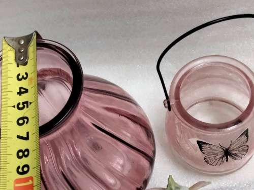 3  *VASE1 ribbed Glass China Pink +1Glass holder has metal handle butterfly on1ceramic small Fairy