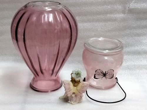 3  *VASE1 ribbed Glass China Pink +1Glass holder has metal handle butterfly on1ceramic small Fairy