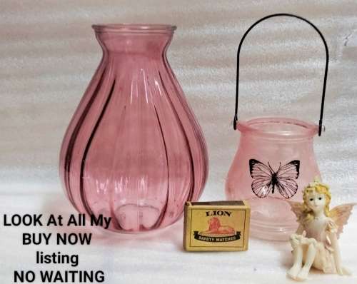 3  *VASE1 ribbed Glass China Pink +1Glass holder has metal handle butterfly on1ceramic small Fairy
