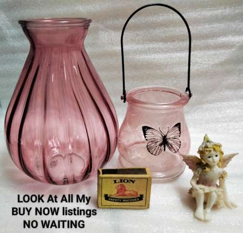 3  *VASE1 ribbed Glass China Pink +1Glass holder has metal handle butterfly on1ceramic small Fairy