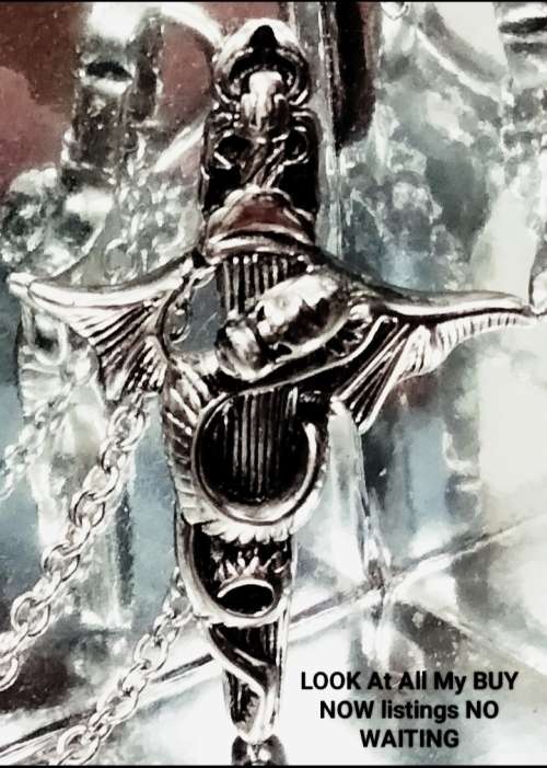 Celtic style STEEL DRAGON SWORD PENDANT+Neck Chain Silver Tone LOOK at My BUY NOW Listing NO WAITING
