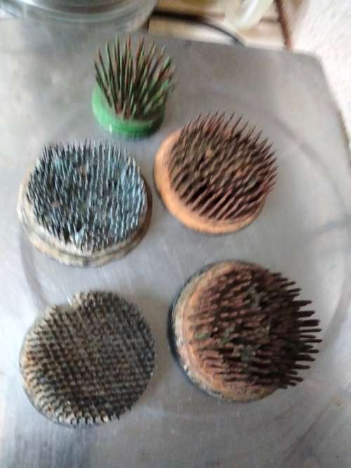 5 Metal flower frogs Assorted sizes and conditions not cleaned