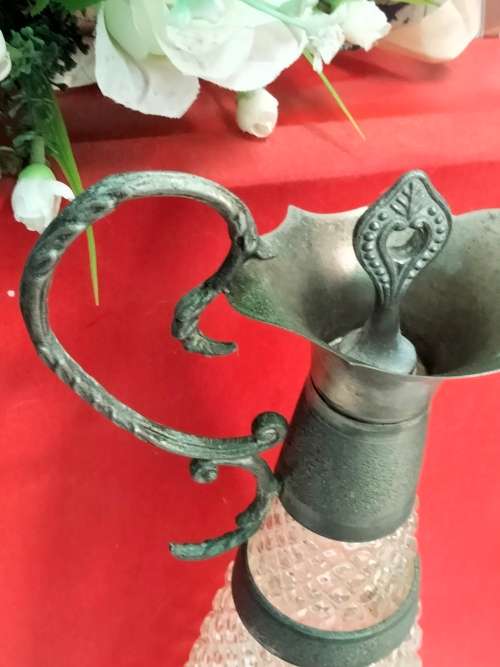 Claret Decanter Prescut Lead Crystal Metal ScrollHANDLE spout EmbossedLOOK At My BUY NOW*NO WAITING
