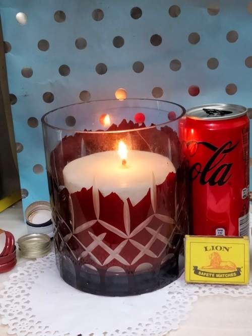 Crystal Diamond Cut Glass thumbies hand painted candle holder or Ice bucket