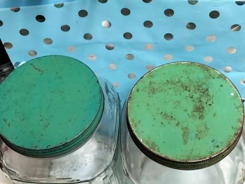 1 Sweeties Glass Bottles + Green Tin lid HOOSIER  Bid for 1 - Available 2 at My Buy Now-No Waiting