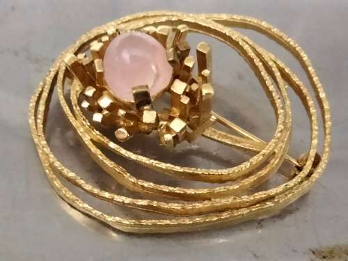 BROOCH - ROLLED GOLD ROSE QUARTZ*SEMI PRECIOUS GEM STONE GERMANY LOOK at My BUY NOW ltems NO WAITING