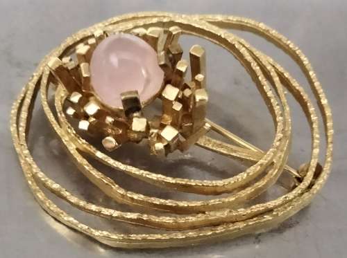 BROOCH - ROLLED GOLD ROSE QUARTZ*SEMI PRECIOUS GEM STONE GERMANY LOOK at My BUY NOW ltems NO WAITING