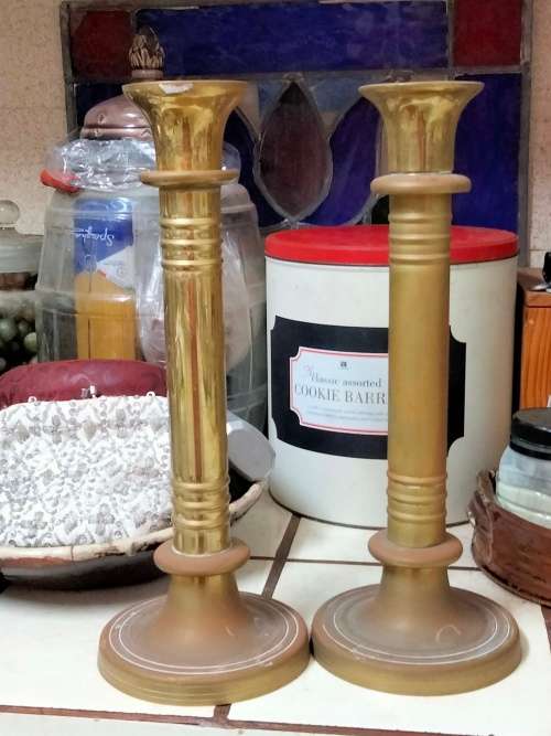BRASS  2 Corinthian Column Candle holders 2.428 kgs H 35 cm LOOK At My BUY NOW LISTINGS NO WAITING