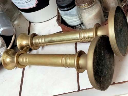 BRASS  2 Corinthian Column Candle holders 2.428 kgs H 35 cm LOOK At My BUY NOW LISTINGS NO WAITING
