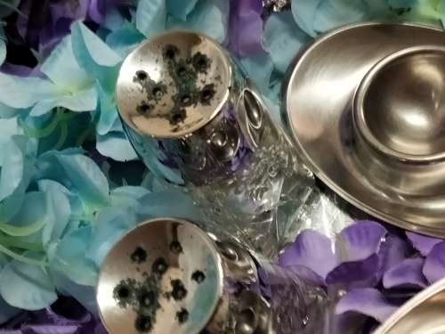 2 Salts hobstar crystal pressed glass+2 stainless steel egg cuptrays