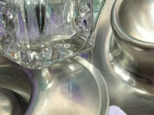 2 Salts hobstar crystal pressed glass+2 stainless steel egg cuptrays