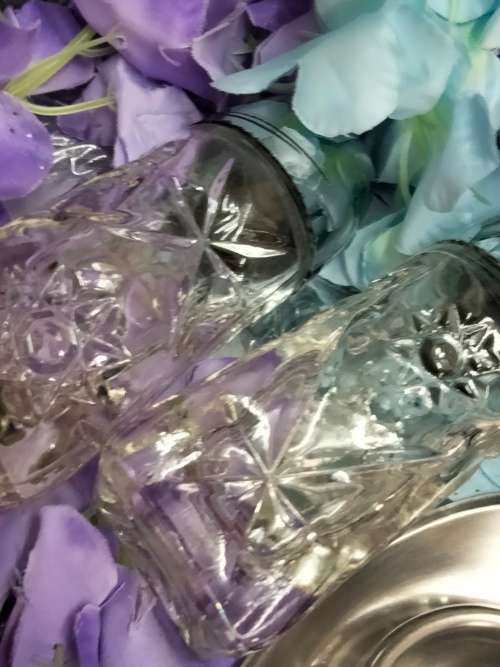 2 Salts hobstar crystal pressed glass+2 stainless steel egg cuptrays