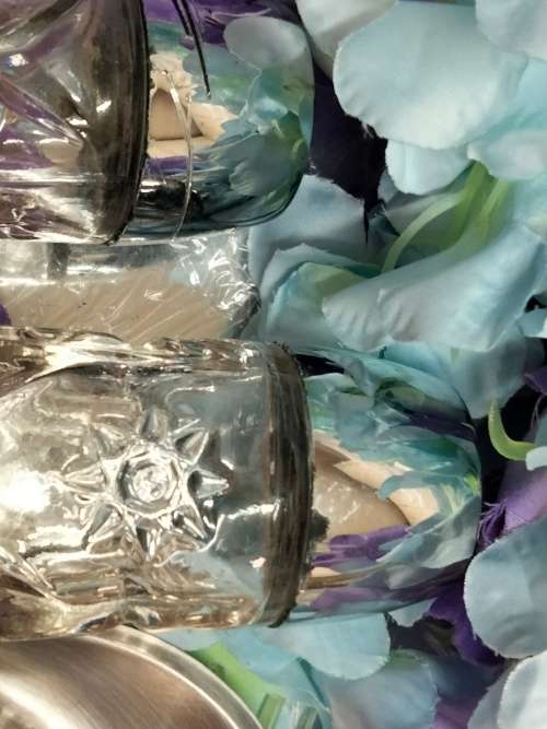 2 Salts hobstar crystal pressed glass+2 stainless steel egg cuptrays