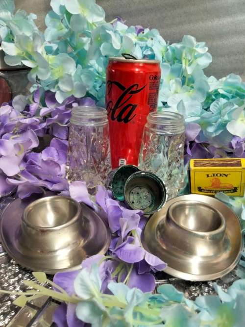 2 Salts hobstar crystal pressed glass+2 stainless steel egg cuptrays