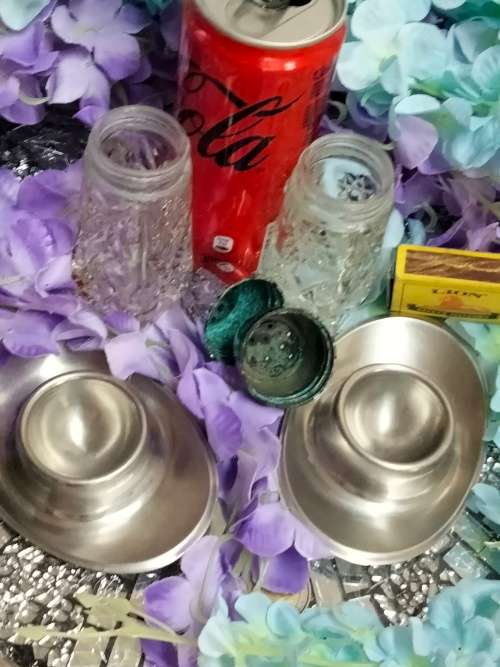 2 Salts hobstar crystal pressed glass+2 stainless steel egg cuptrays