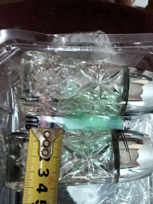 2 Salts hobstar crystal pressed glass+2 stainless steel egg cuptrays