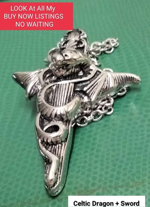 Celtic style STEEL DRAGON SWORD PENDANT+Neck Chain Silver Tone LOOK at My BUY NOW Listing NO WAITING