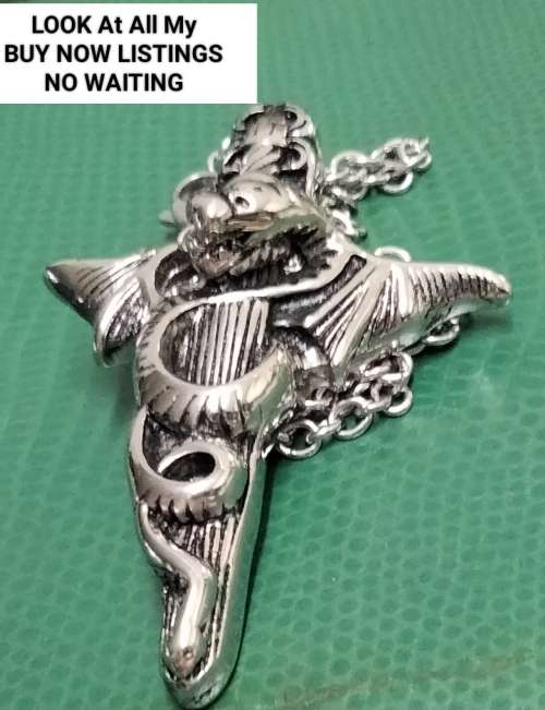 Celtic style STEEL DRAGON SWORD PENDANT+Neck Chain Silver Tone LOOK at My BUY NOW Listing NO WAITING