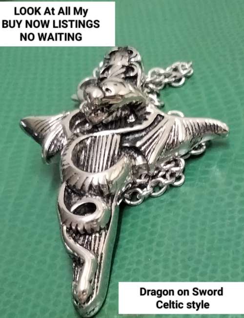 Celtic style STEEL DRAGON SWORD PENDANT+Neck Chain Silver Tone LOOK at My BUY NOW Listing NO WAITING